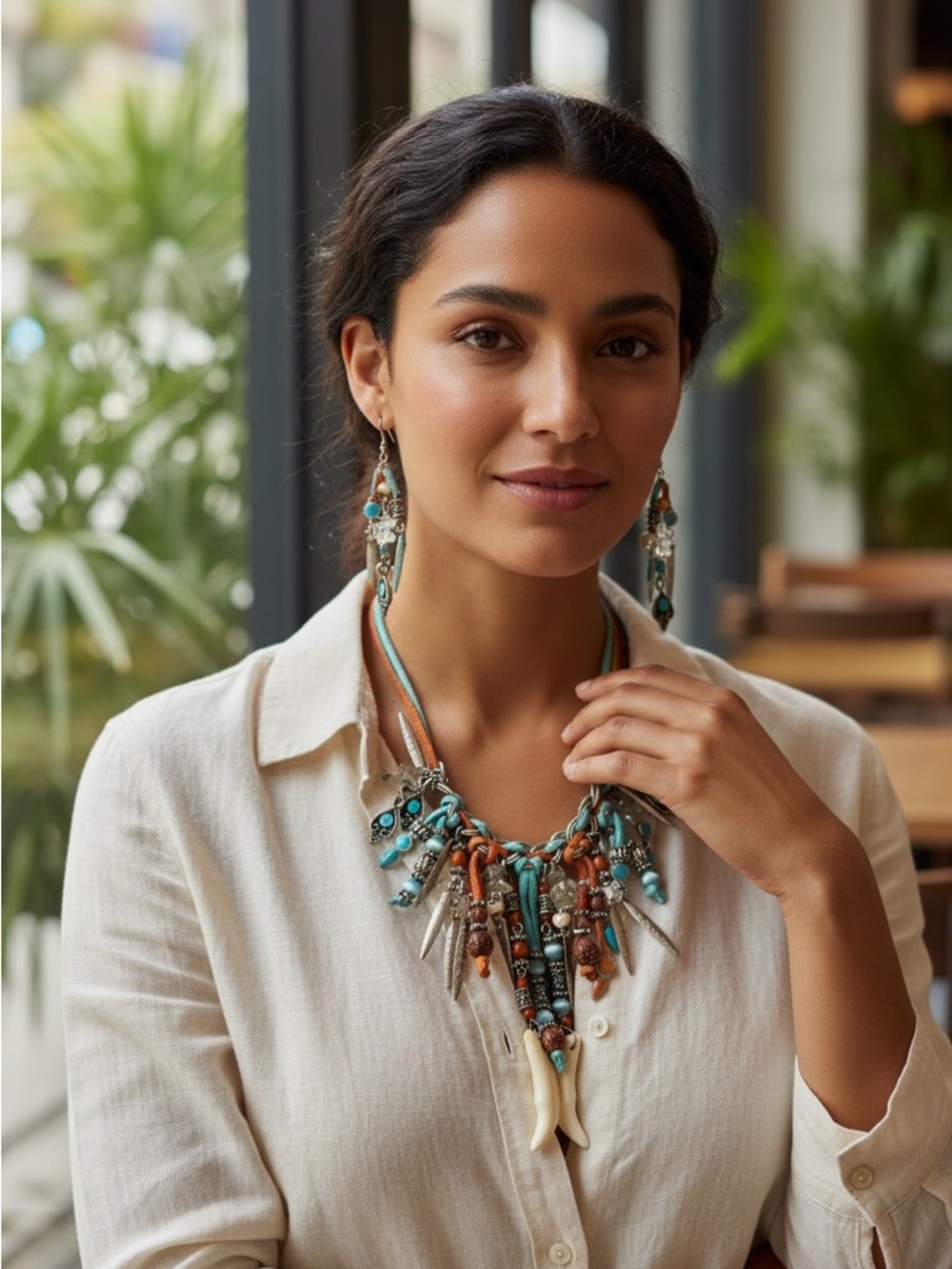 Turquoise & Amber Boho Statement Double Leather Adjustable Necklace & Earrings